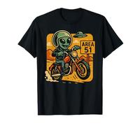 Area 51 Alien Biker UFO Deserto Retro Sci Fi Cartoon Maglietta