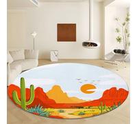 Area Tappeto Rotondo Minimalismo Cartone Animato Deserto Cactus per Soggiorno, 100 cm Tappeti Morbido Sala da pranzo Camera da letto Home Decor Tappeto Antiscivolo e Lavabile - Rosso Aranciato
