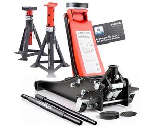 Arebos 3T Martinetto idraulico piatto | 2x cavalletto | Portata 3 tonnellate | 2 supporti | Martinetto per officina e hobby | Cavalletto sollevatore Auto PKW