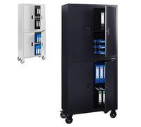 Arebos Armadietto da ufficio, nero, 195 x 40 x 90 cm, set da 2 pezzi, 4 ante, con ruote, 2 ripiani regolabili in altezza, con serratura a cilindro