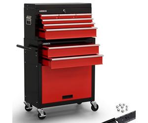 AREBOS Carrello da officina a 9 scomparti | Tappetini antiscivolo | con cassetta portautensili estraibile | serratura centrale | cuscinetto a sfera | con freno di stazionamento | Nero-Rosso