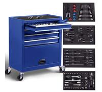 AREBOS Carrello da officina a 4 scomparti | con 81 attrezzi inclusi | carrello portautensili | tappetini antiscivolo | interlock | 2 ruote con freno di stazionamento | Nero, rosso o blu (Blu)