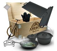 AREBOS Dutch Over BBQ Set in ghisa con scatola in legno e guanti protettivi incl