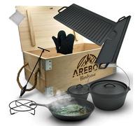 Arebos Set da 9 pezzi per forno olandese, scatola di legno, pentola bruciata con molti accessori, con guanti protettivi, set in ghisa, ideale per il campeggio e la casa