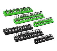 ARES 60160-Confezione da 6 organizer per prese magnetiche metriche e SAE, nero e verde, 1/4", 3/8", 1/2", 143 prese standard (poco profonde) e profonde, organizza la tua cassetta degli attrezzi