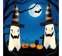 Arespark Halloween Decorazioni per Interno Esterno, 2 Pezzi Fantasmi Appesi con Cappello da Strega, Addobbi Halloween con 3 modalità Led Luci, Decorazione per Feste, Anteriore, Yard, Patio, Giardino