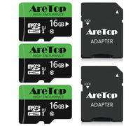 Aretop Scheda Micro SD da 16 GB, 3 pezzi, con 2 adattatori scheda di memoria MicroSDHC, UHS-I Classe 10 U1 A1, registrazione video Full HD Micro SD per fotocamera/smartphone/drone, Dash Cam