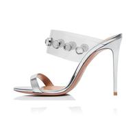 Argento,34 EU,Sandali con Tacco a Spillo da Donna, Punta Aperta, in PVC Trasparente con Strass, Tacco a Spillo Alto, Due Cinturini, Senza Schienale, Slip-on, Scarpe da Ballo, Festa e Abito.
