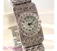 Argento Annata Barocco Regency Gotico Catena Bracciale Marcasite Gemme Orologio