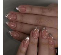 Argento French Tip Press On Nails Breve Mandorla Full Covers Unghie finte Semplice Stick On Semplice Artificiale Copertura Completa Unghie finte Argento Francese Tip Press Nail Acrilico