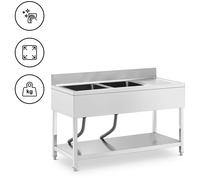 Argento Lavello per cucina professionale - 2 vasche - Acciaio inox - 140 x 60 cm - Royal Catering