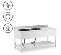 Argento Lavello per cucina professionale - 2 vasche - Acciaio inox - 180 x 70 cm - Royal Catering
