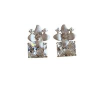 Argento Quattro Petali Fiore Quadrato Zircon Pearl Stud Orecchini per Donne | Orecchini Charme Cristallo Taglio Zucchero Brillante, Dettaglio Floreale Vintage, Gioielli Leggeri per Festa Quotidiana