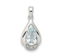 Argento Rodiato Acquamarina E Diamante Lacrima Pendente Decorato