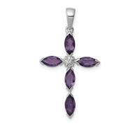 Argento Rodiato Taglio Marquise Ametista & Diamante Pendente a Croce