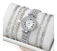 (Argento.Set.1.senza.scatola)Orologio da donna al quarzo con motivo romano intarsiato, bracciale e collana