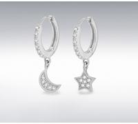 Argento Sterling Bianco Pietra Luna & Stelle Orecchini a Cerchio