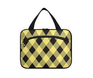 Argyle Buffalo Plaid Tartan Scozia Giallo Nero Appeso Borse da viaggio per le donne con gancio, Designer Fashion Bag per articoli da toeletta per le donne Must Haves Backpacking estuche para