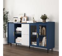 Arhatreya Armadietto da cucina da 55 pollici con 2 cassetti, 2 ripiani aperti e 2 ante in vetro, tavolo da buffet in legno per cucina e soggiorno, blu