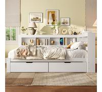 Arhatreya Divano letto 140 x 200 cm, a forma di L con cassetti, letto giornaliero con presa e 2 porte USB, letto per appartamento camera da letto (senza materasso) truciolato bianco