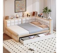 Arhatreya Divano letto 140 x 200 cm, a forma di L con cassetto, letto in legno con schienale morbido, letto singolo per camera degli ospiti, camera da letto (senza materasso), colore legno