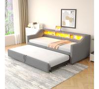 Arhatreya Divano letto 90/180 x 200 cm, letto imbottito con vano portaoggetti, divano letto con letto estraibile, letto con luce LED e presa USB, letto con rete a doghe per appartamento (senza