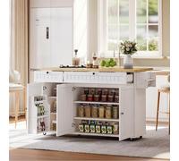 Arhatreya Isola cucina con piano di lavoro pieghevole, armadio da cucina su 6 ruote bloccabili, con ripiano, scaffalatura, 2 grandi cassetti e armadio, bianco, 137 x 89,5 x 45 cm