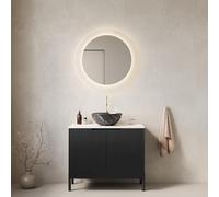 Arhatreya Lavabo da bagno autoportante con ciotola nera con motivo in pietra, piano di lavoro in pietra carrara sinterizzata bianca, armadio a righe con doppia ante, nero