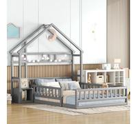 Arhatreya Lettino per bambini 140 x 190 cm, piano con comodini, letto con ringhiera, letto in legno per cameretta dei bambini, ragazzi (senza materasso) legno di pino+MDF, grigio