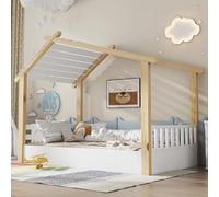 Arhatreya Lettino per bambini 90 x 190 cm, in legno con design casetta in legno, letto a pavimento con tetto, rete a doghe stabili, letto singolo con rete a doghe, letto per bambini e ragazzi (senza