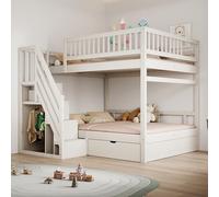 Arhatreya Letto a castello 140 x 200 cm, con rete di sicurezza e scale, letto a castello con rete a doghe, letto in legno con cassetti portaoggetti, letto per bambini e ragazzi (senza materasso