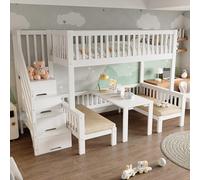 Arhatreya Letto a Castello 90/120 x 200 cm, Lettino con Tavolo, Letto a Castello con Scaletta, Letto in Legno con Ringhiera di Sicurezza Letto con Rete a Doghe per Bambini Camera da Letto (senza