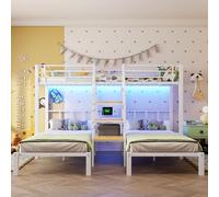 Arhatreya Letto a castello 90/140 x 200 cm, letto a castello con striscia luminosa a LED, letto in metallo con 2 porte USB, letto per ragazzi con rete a doghe (senza materasso) bianco
