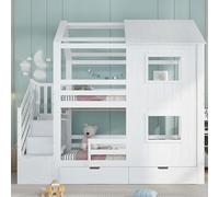Arhatreya Letto a castello 90 x 200 cm, culla con armadio per scale, letto in legno con finestra e tetto, struttura del letto con doghe stabili, letto per camera da letto dei bambini (senza materasso