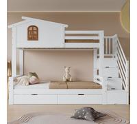 Arhatreya Letto a castello 90 x 200 cm, culla con finestra, letto a castello con due cassetti, letto in legno con armadio ad angolo, letto per camera da letto dei bambini (senza materasso) bianco+