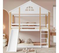 Arhatreya Letto a castello 90 x 200 cm, culla con finestre e scale angolari, letto a castello con scivolo e recinzioni, letto in legno con protezione anticaduta, letto per camera da letto (senza