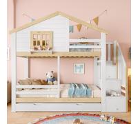 Arhatreya Letto a castello 90 x 200 cm, culla con griglia, letto a castello con letto estraibile, letto in legno con scaletta, finestra, listello, letto per camera da letto dei bambini (senza