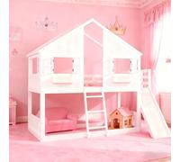 Arhatreya Letto a castello 90 x 200 cm, culla con scivolo, letto in legno con tetto e finestra, letto singolo con rete anticaduta e scala, letto per bambini adolescenti (senza materasso) bianco,