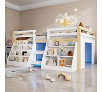 Arhatreya Letto a mezza altezza, 140 x 200 cm, bianco + scala LED naturale | Letto singolo con più ripiani, ringhiera sicura e scala, pratico vano portaoggetti, senza materasso per la cameretta dei