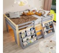 Arhatreya Letto a mezza altezza, 140 x 200 cm, grigio, scala a LED | Letto singolo con più ripiani, ringhiera sicura e scala, pratico vano portaoggetti, senza materasso per la cameretta dei