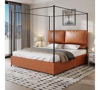 Arhatreya Letto a quattro pali, 180 x 200 cm, letto matrimoniale con due morbidi cuscini in pelle, struttura del letto con doghe in metallo, letto per adulti, camera da letto (senza materasso) marrone