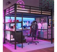 Arhatreya Letto a soppalco 140 x 200 cm, culla con scrivania e LED, letto per ragazzi con 3 cassetti, letto in metallo con presa + USB, letto singolo per bambini e ragazzi, camera da letto (senza