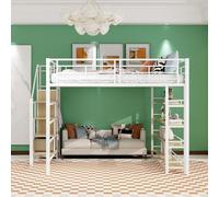 Arhatreya Letto a soppalco 140 x 200 cm, lettino con scala di sicurezza, letto in metallo con vano portaoggetti, letto singolo con armadio, letto per ragazzi con ripiani, letto per ragazzi (senza