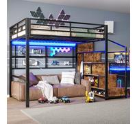 Arhatreya Letto a soppalco 140 x 200 cm, letto in metallo con armadio, culla con scala di stoccaggio, letto per ragazzi con luci a LED a 7 colori, letto con griglia per bambini e ragazzi (senza