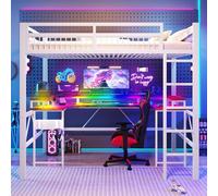 Arhatreya Letto a soppalco 140 x 200 cm, letto singolo con striscia luminosa a LED, letto in metallo con attacco USB/tipo C, struttura per ragazzi con rete a doghe (senza materasso) bianco