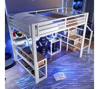 Arhatreya Letto a soppalco 140 x 200 cm, letto singolo con striscia luminosa a LED, letto per ragazzi con scrivania, letto con porta USB (senza materasso) bianco