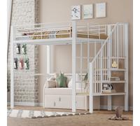 Arhatreya Letto a soppalco, 140 x 200 cm, struttura in metallo, con scale, struttura in metallo, con rete a doghe, letto per bambini e camera da letto (senza materasso), bianco