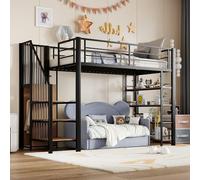 Arhatreya Letto a soppalco 90 x 200 cm, con scala di sicurezza, letto in metallo con vano portaoggetti, letto per ragazzi con armadio, design a recinzione, letto con ripiani per ragazzi (senza