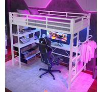 Arhatreya Letto a soppalco 90 x 200 cm, con scrivania, letto per ragazzi con 3 cassetti, letto in metallo con presa e USB, letto singolo con luce ambientale (senza materasso) bianco