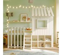 Arhatreya Letto a soppalco 90 x 200 cm, con tetto e finestra, letto in legno con spazio aperto, letto per ragazzi con scaletta, letto per bambini e ragazzi (senza materasso) bianco